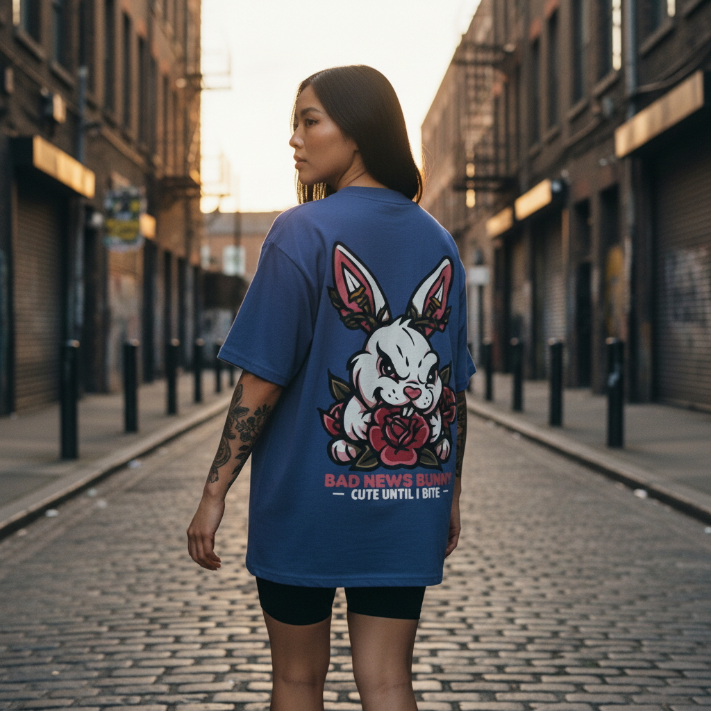 Rear view of a Woman with tattoos wearing royal blue oversized t-shirt on cobblestone city street, back view displaying fierce 'Bad News Bunny' graphic — angry white rabbit with roses and bold text 'BAD NEWS BUNNY — CUTE UNTIL I BITE