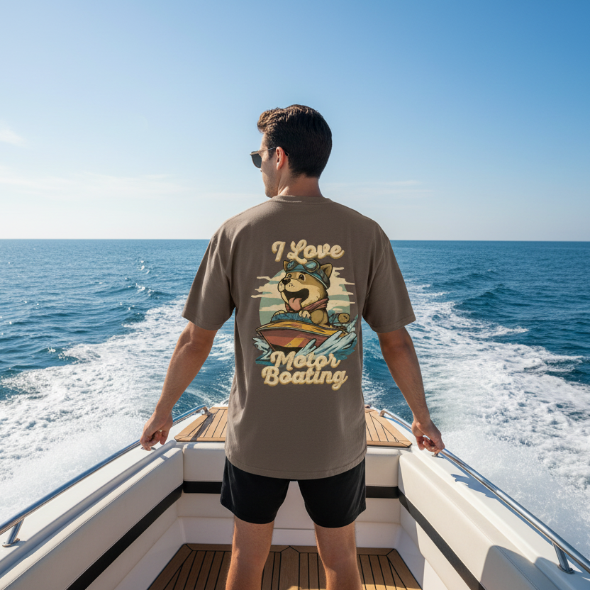 Man on a boat wearing an oversized graphic t-shirt with 'I Love Motor Boating' design.