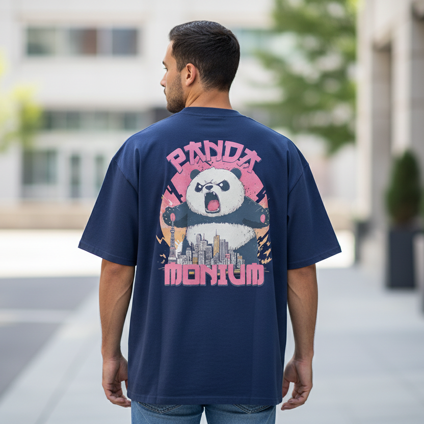 Man wearing a navy blue oversized animal graphic t-shirt with a rampaging panda design on the back, standing outdoors.