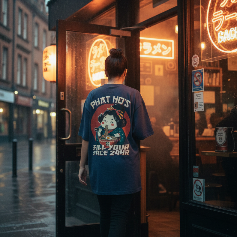 Person wearing an oversized graphic t-shirt with an adult graphic design standing in front of a neon-lit restaurant entrance.