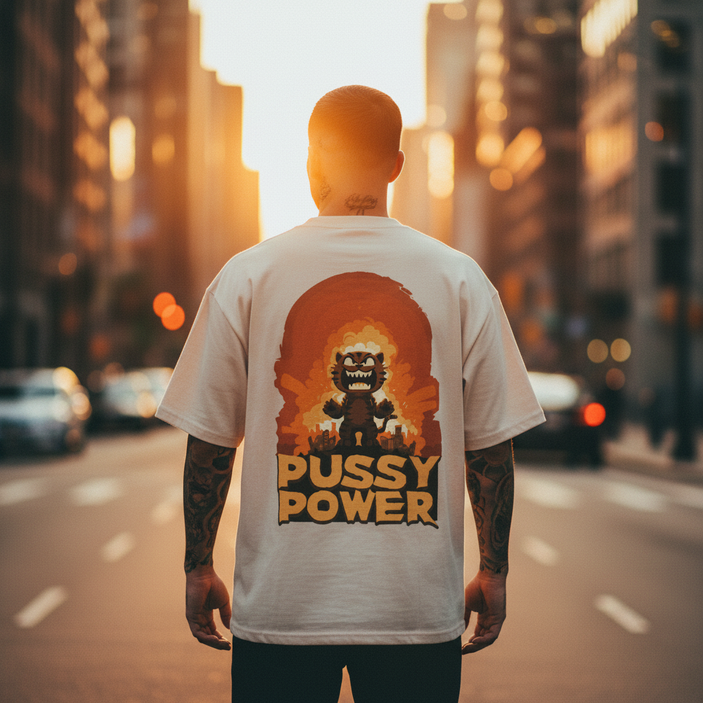 Man with tattoos wearing cream oversized streetwear t-shirt standing in golden hour city street, back view featuring bold 'PUSSY POWER' graphic with fierce cartoon cat exploding over a fiery urban skyline.