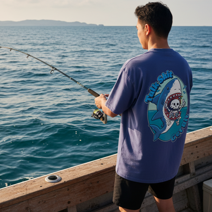 Man fishing on a boat wearing a blue oversized graphic backprint t-shirt with a cool shark design.