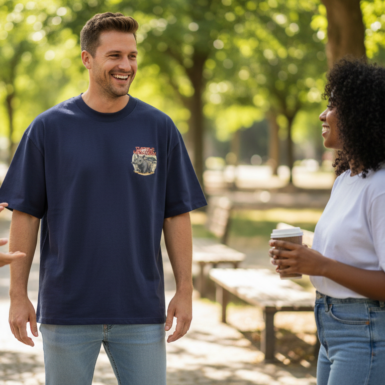 A man in a navy funny t-shirt laughs with friends in a sunlit park. He stands near a woman holding a coffee cup, surrounded by trees and benches. Relaxed mood.
