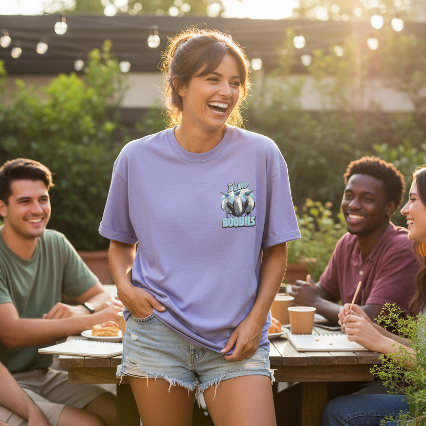 A woman in a light purple blue footed Boobies T-shirt and denim shorts laughs joyfully in a garden setting. Seated friends smile, with string lights and greenery in the background.