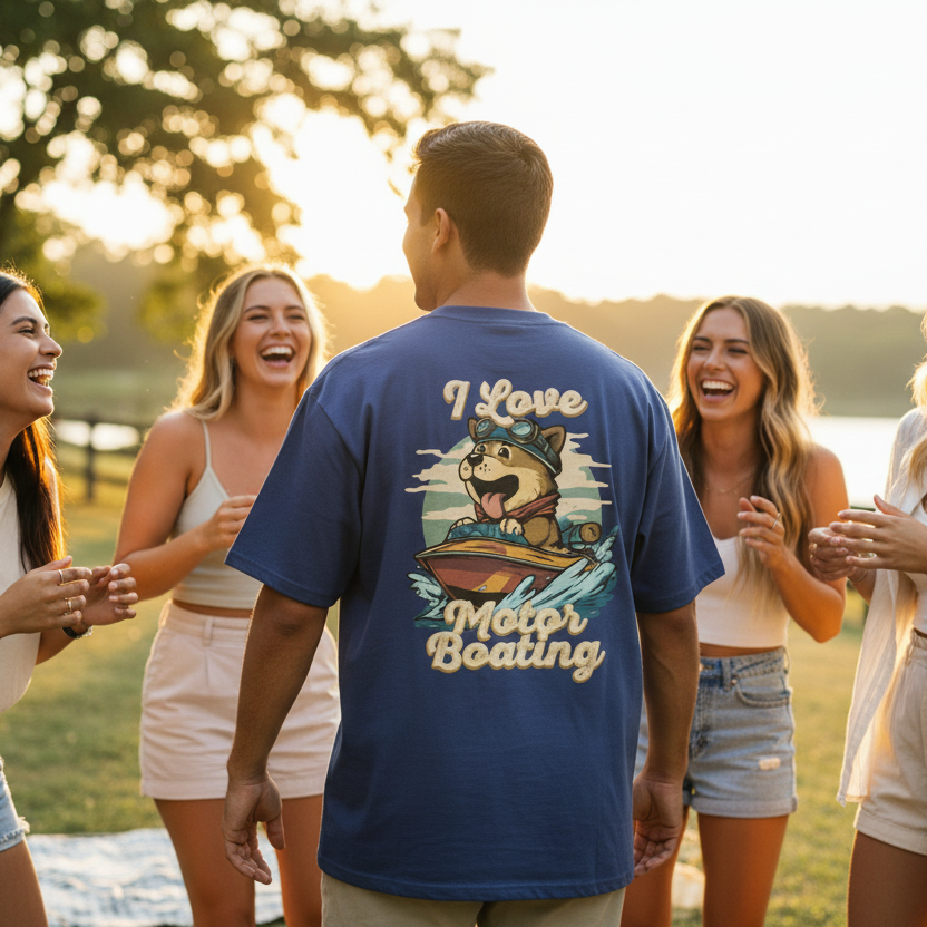 A man wearing a blue graphic backprint shirt with a cartoon boating dog design and "I Love Motor Boating" text is surrounded by four women laughing outdoors at sunset.