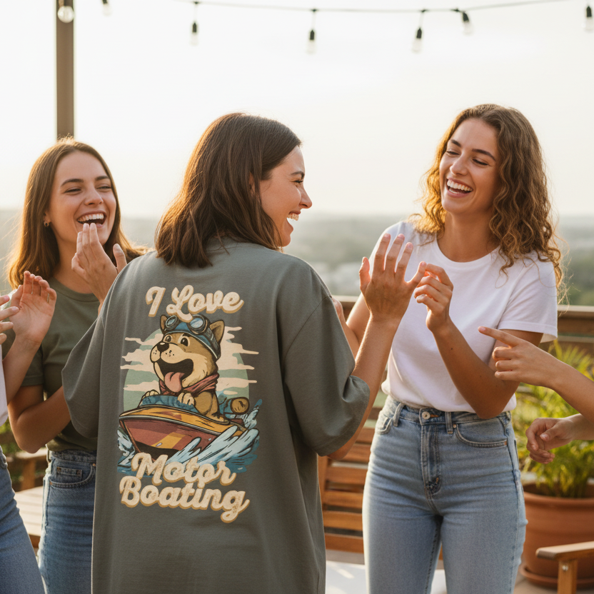 A group of young women laughing on a sunny patio. One wears a shirt with a cartoon dog and the text "I Love Motor Boating." The atmosphere is joyful.