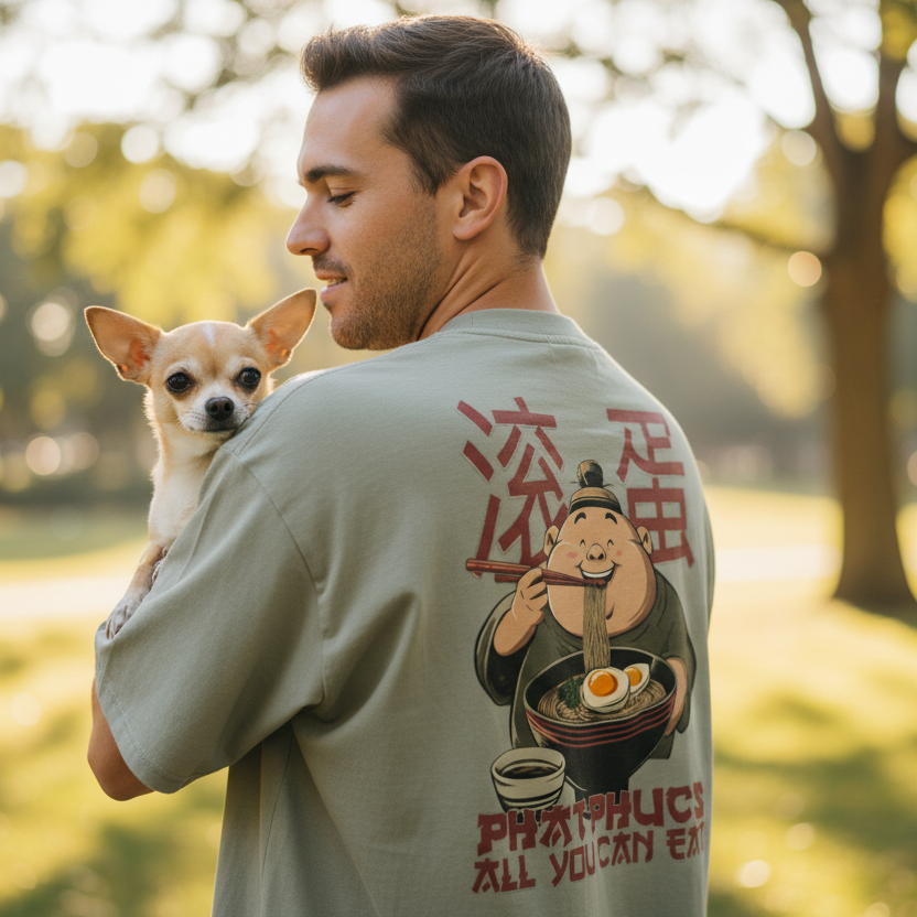 A man gently holds a Chihuahua in a sunlit park. His graphic shirt displays a cartoon of a joyful person eating noodles. The atmosphere is relaxed and content.