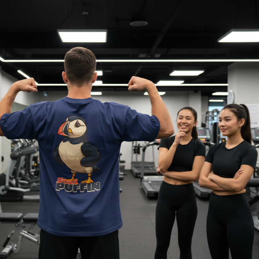 A man in a blue "Stud Puffin" oversized shirt flexes his arms in a gym, while two women in black athletic wear smile and watch, creating a humorous and lively atmosphere.