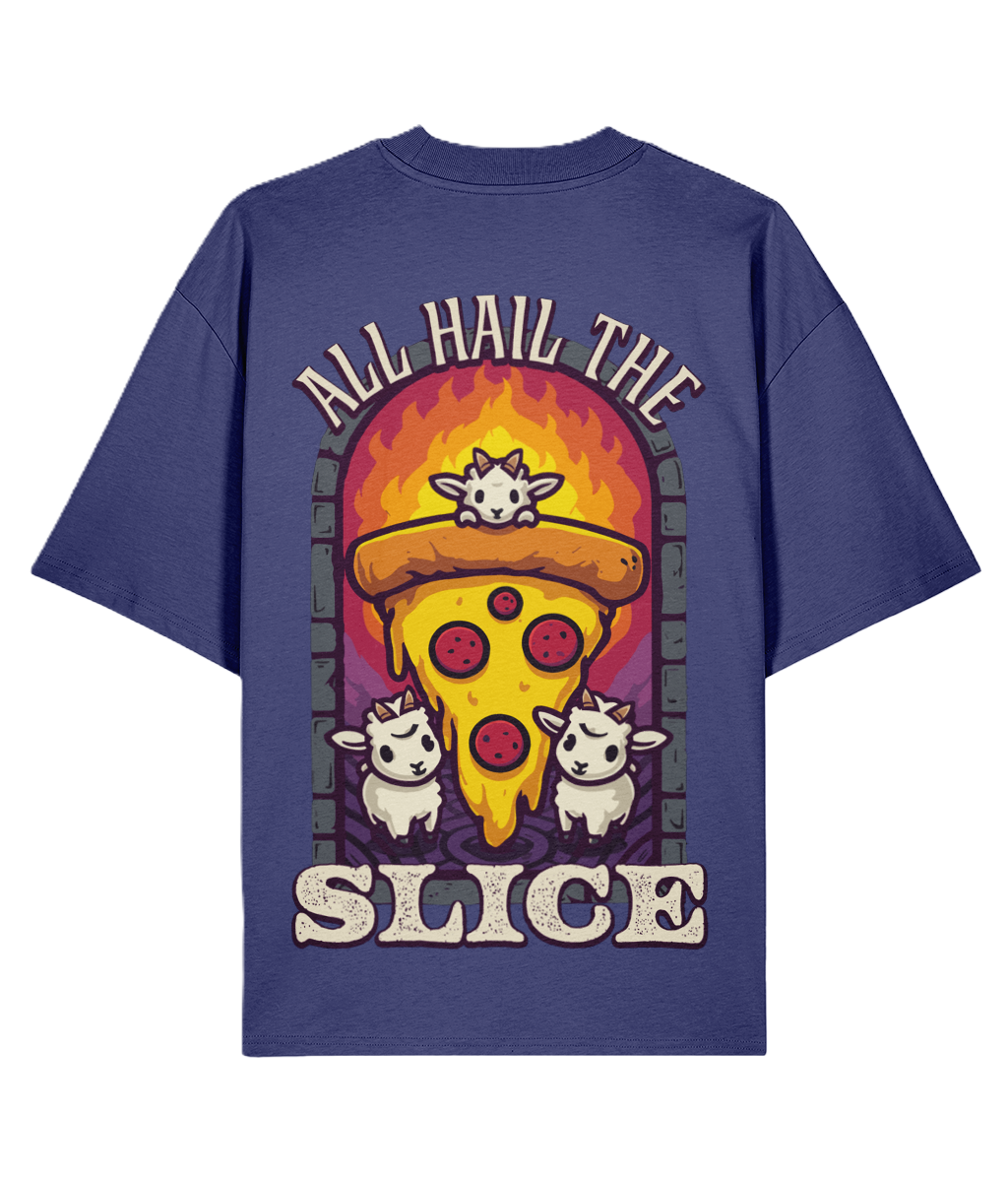 Blue large backprint t-shirt with a pizza slice and goat graphic