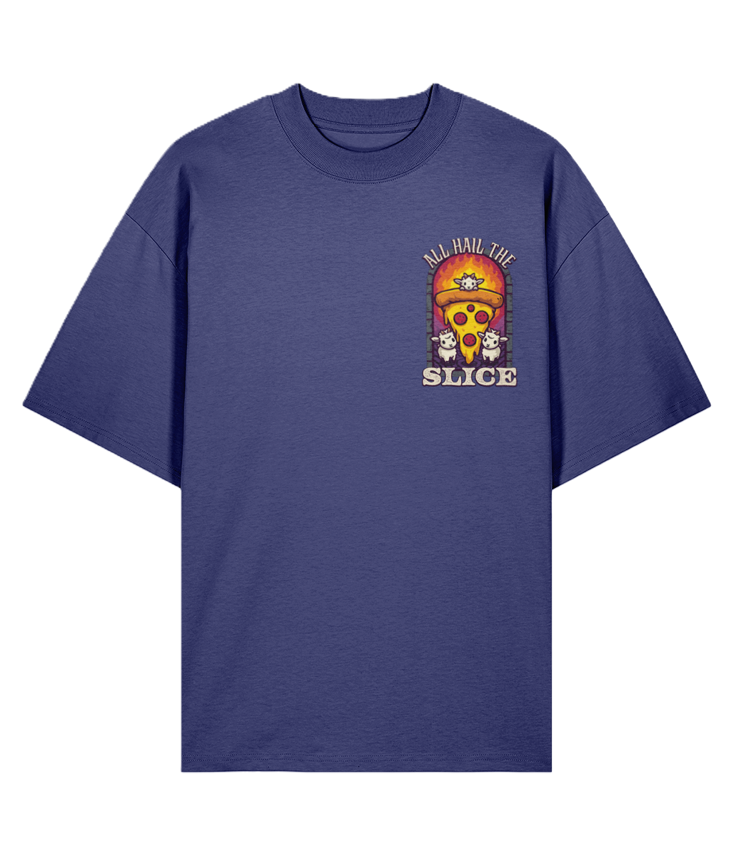Blue chest print t-shirt with pizza graphic and text