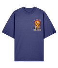 Blue chest print t-shirt with pizza graphic and text