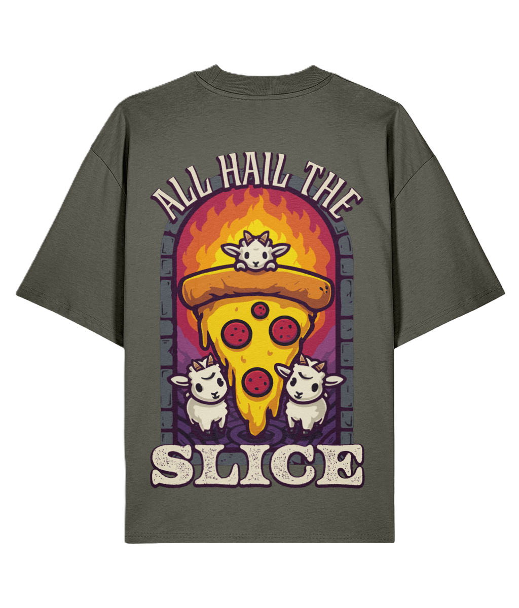 Brown over sized backprint t-shirt with a goat and pizza graphic and text