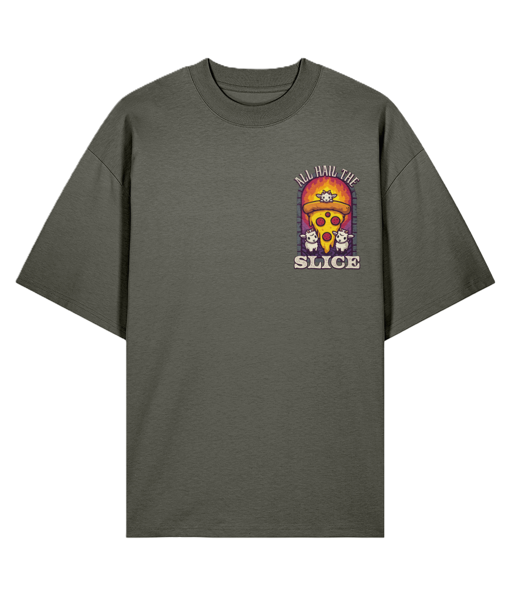Gray over sized t-shirt with a pizza graphic and slogan