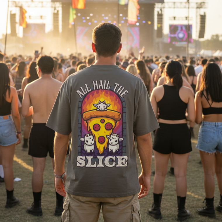 Man wearing a cool oversized graphic t-shirt with a pizza graphic and text at a music festival.