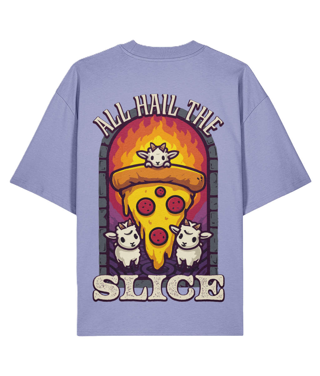 Purple oversized back print t-shirt with a pizza graphic and text