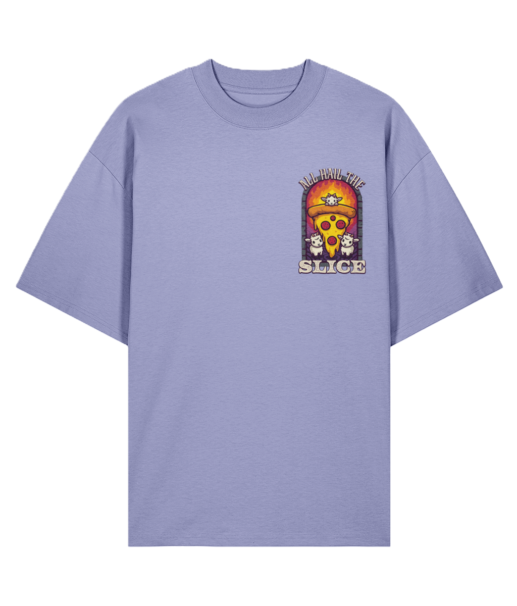 Purple premium graphic t-shirt with a pizza design and text 