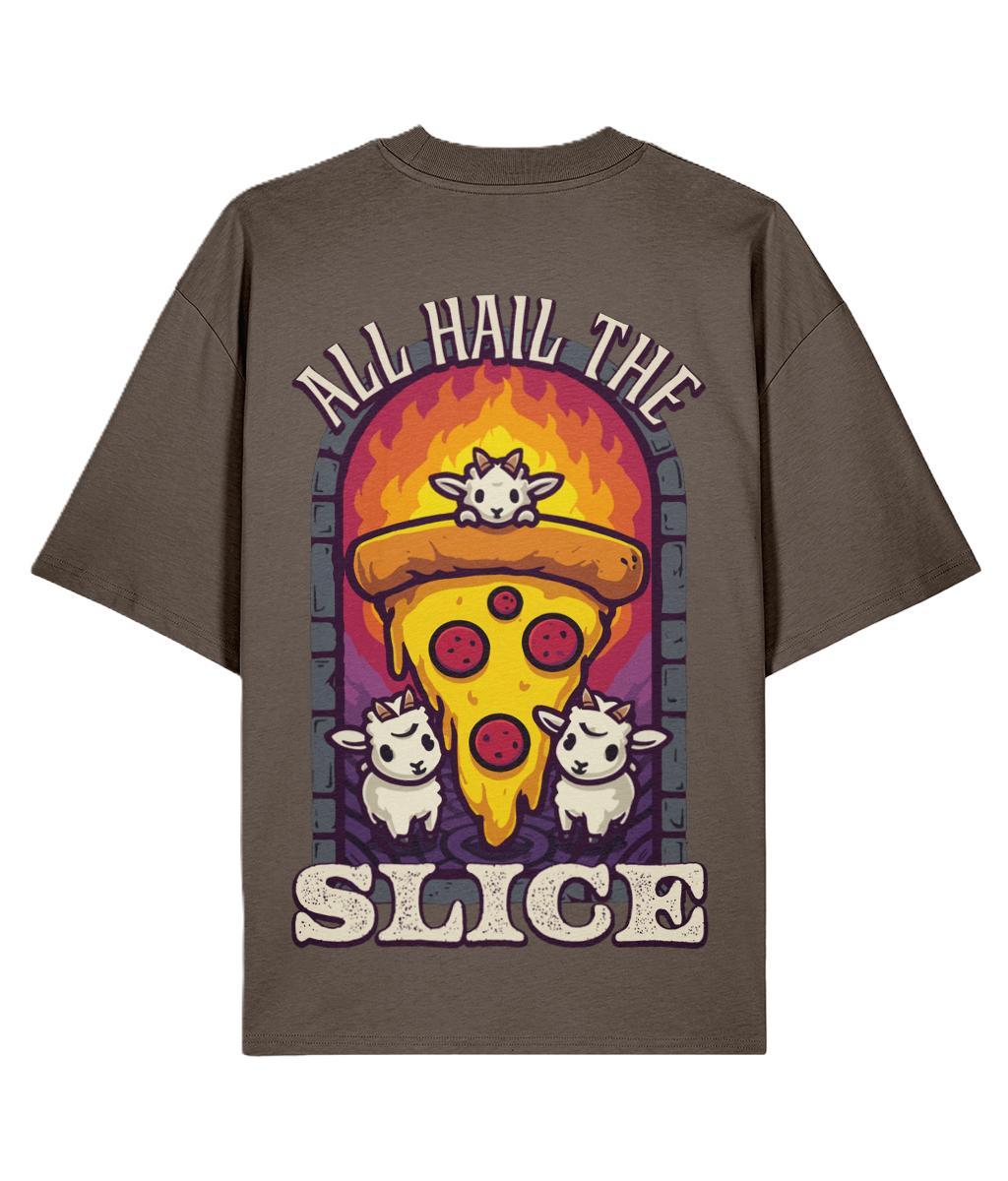 Brown graphic t-shirt with a pizza, goat graphic and text 
