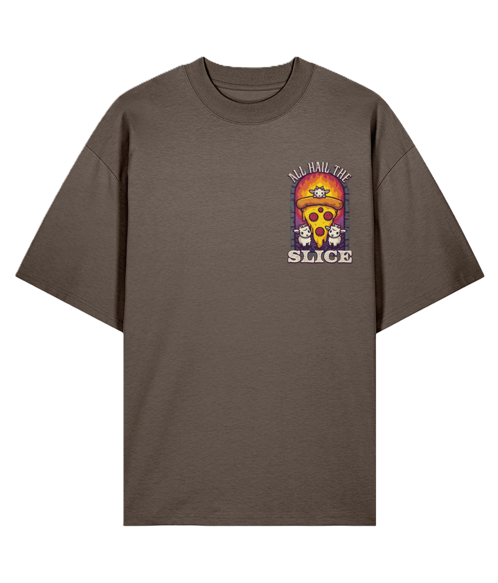 Brown oversized graphic t-shirt with a pizza graphic, satanic goats and text