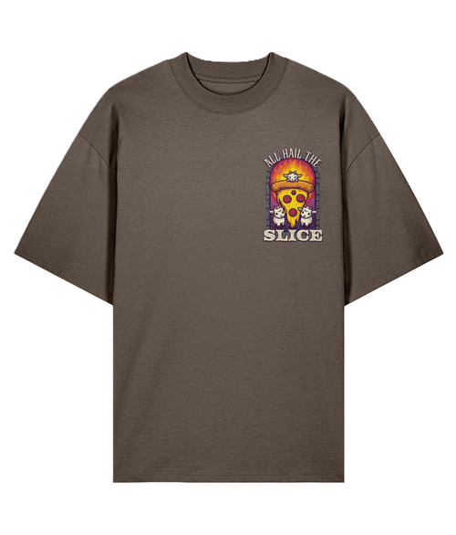 Brown oversized graphic t-shirt with a pizza graphic, satanic goats and text