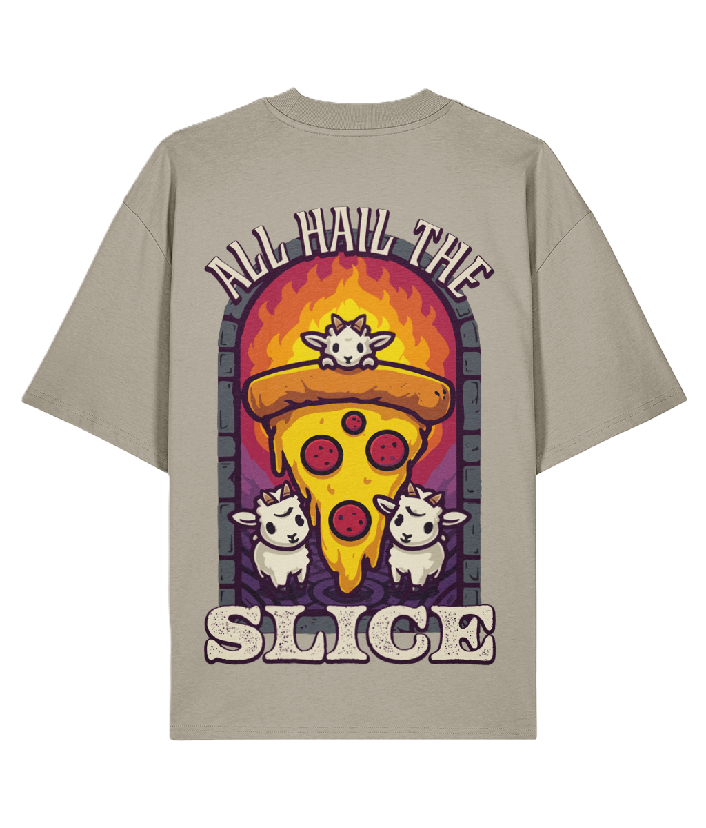 Stone back print oversized t-shirt with a pizza graphic and slogan
