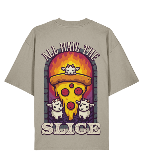 Stone back print oversized t-shirt with a pizza graphic and slogan