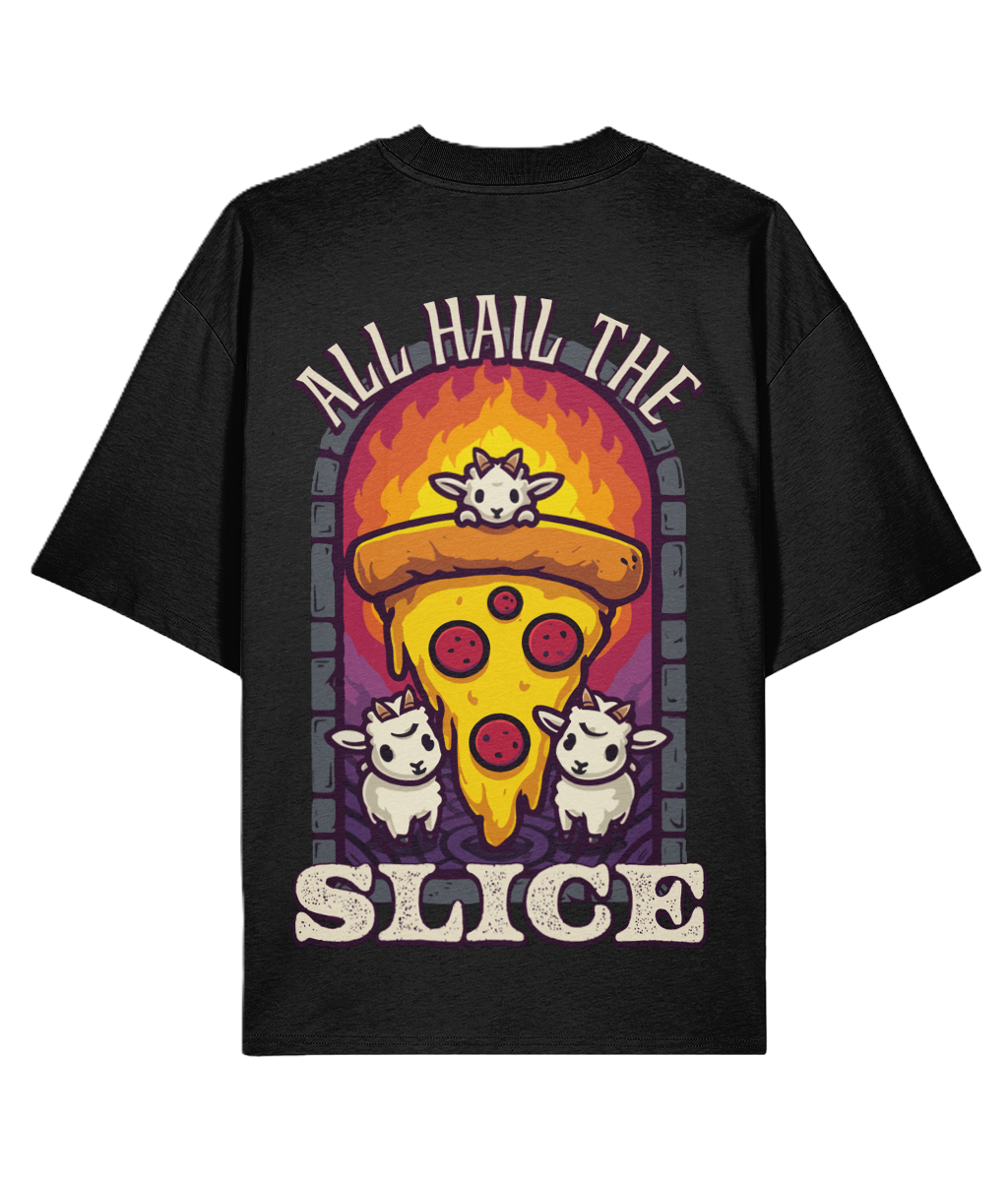 Black backprint t-shirt with a pizza slice graphic and text