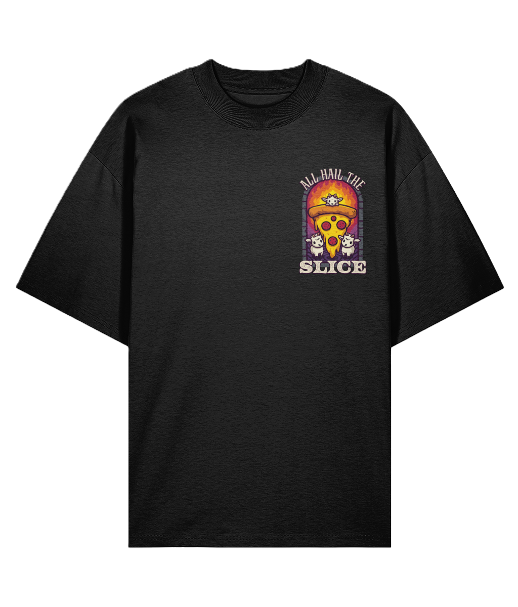 Black festival oversized t-shirt with a pizza, goat graphic chest print and text