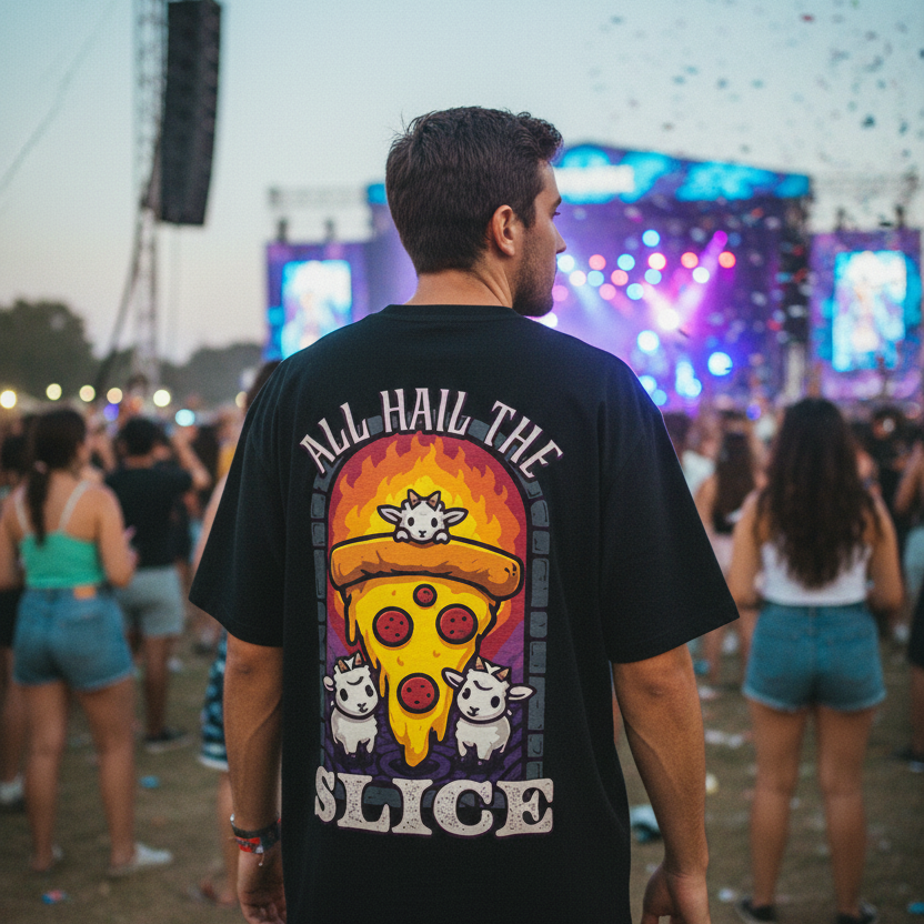 Man wearing a black back print t-shirt with a unique pizza graphic and slogan at a concert.