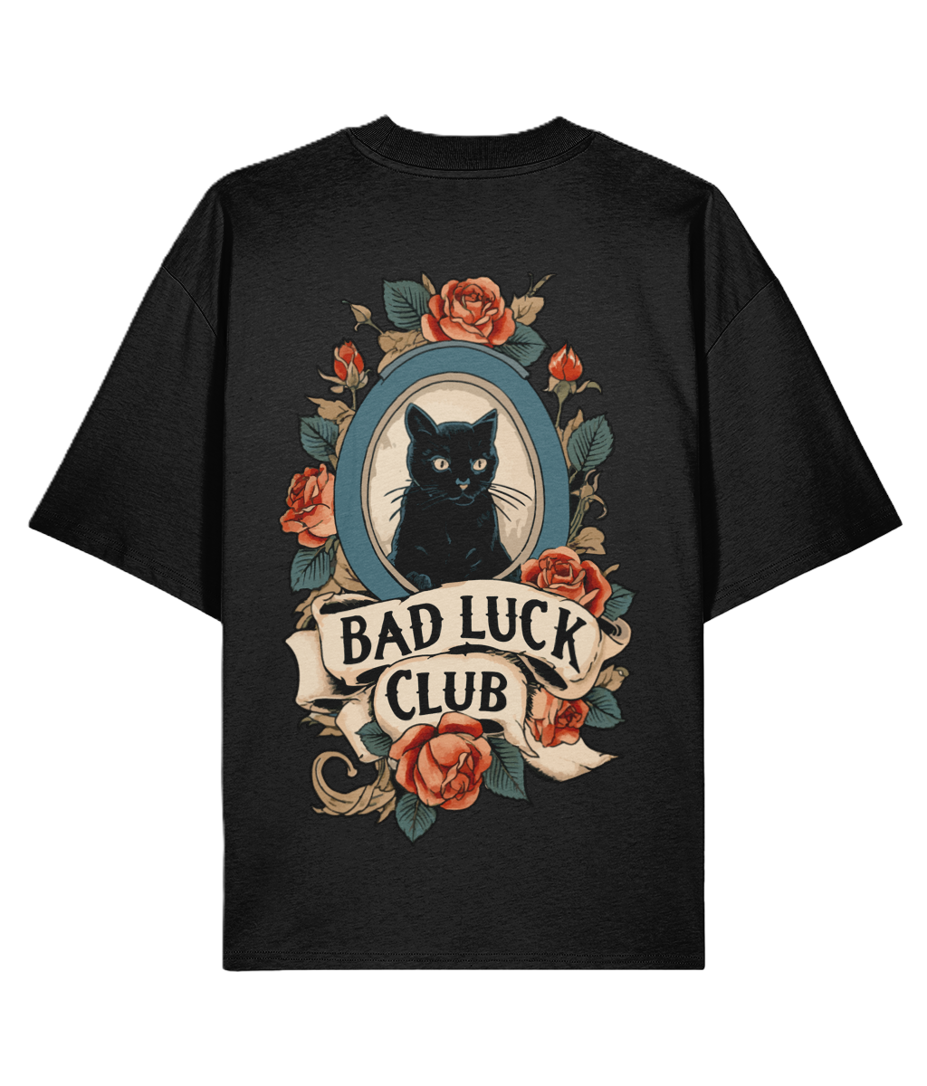 Black oversized back print t-shirt with a black cat and floral tattoo design with the text "bad luck club".