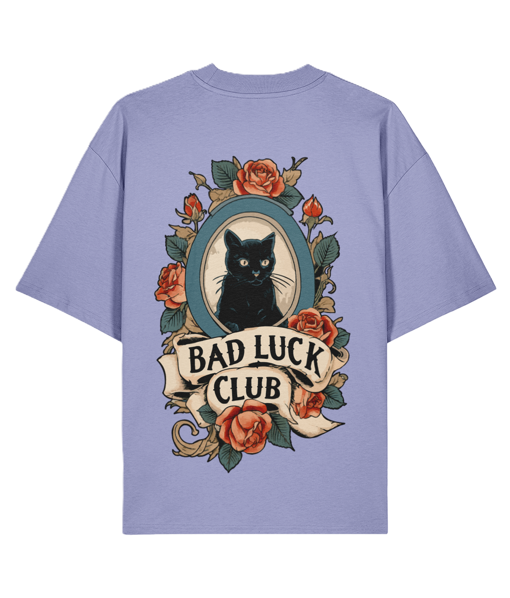 Violet oversized backprint t-shirt with a black cat and floral tattoo design.
