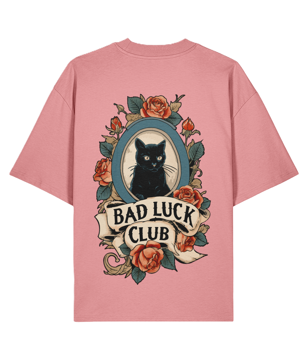 Pink oversized back print t-shirt with a black cat and floral tattoo design.