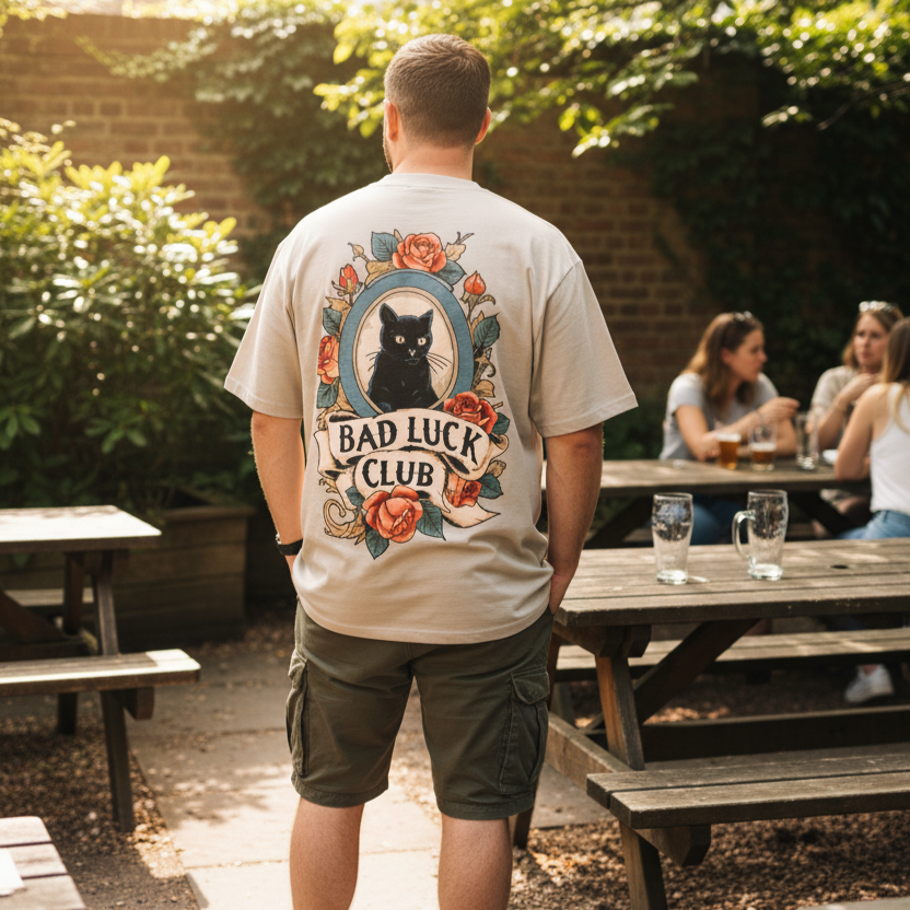 Person wearing an oversized backprint t-shirt with 'Bad Luck Club' design in an outdoor setting.