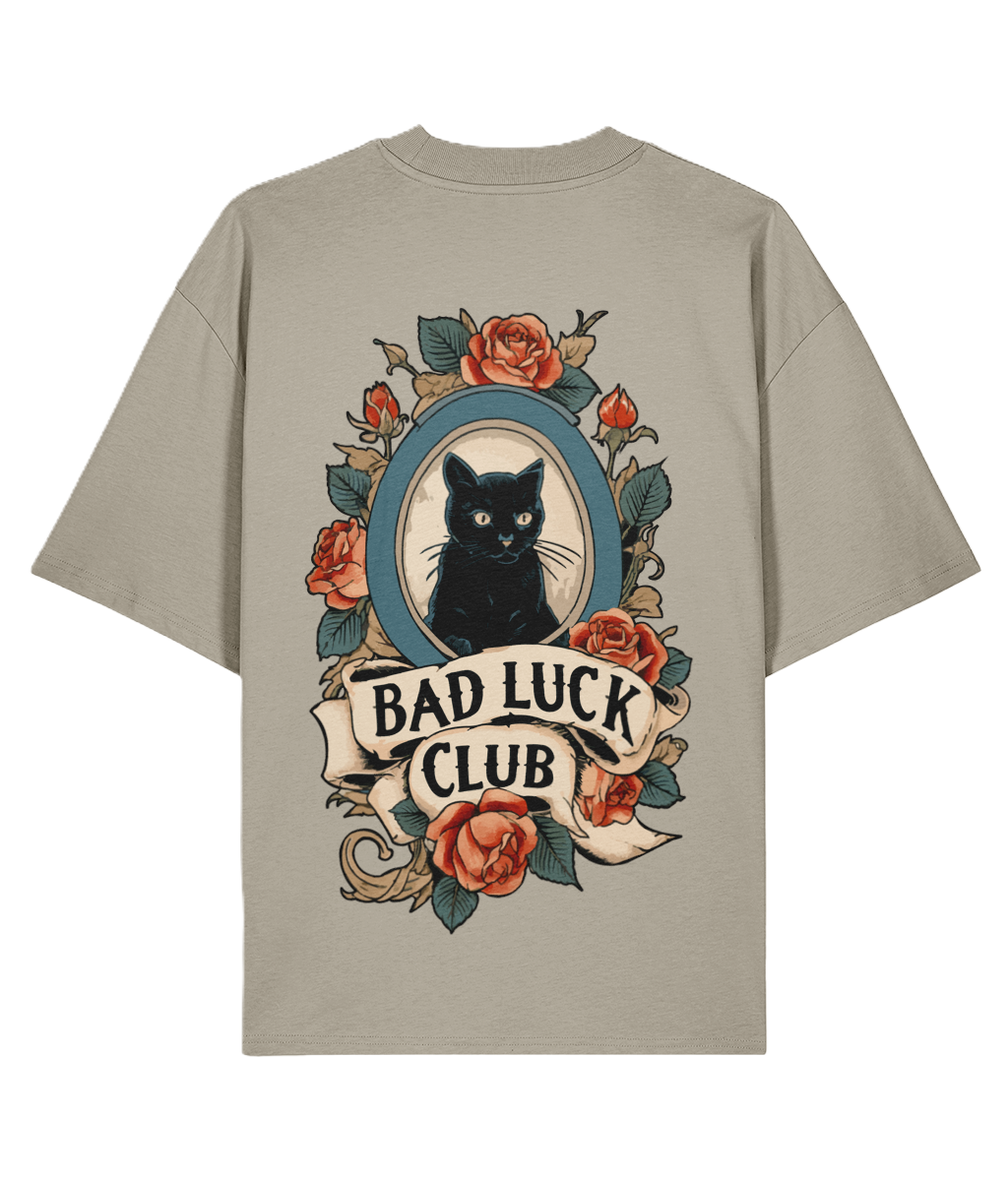 Stone Oversized back print t-shirt with a black cat and floral Tattoo design.