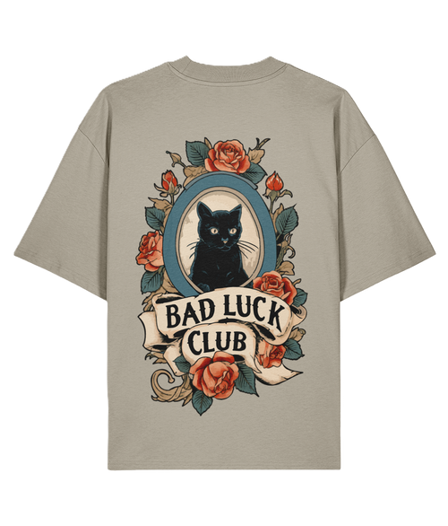 Stone Oversized back print t-shirt with a black cat and floral Tattoo design.