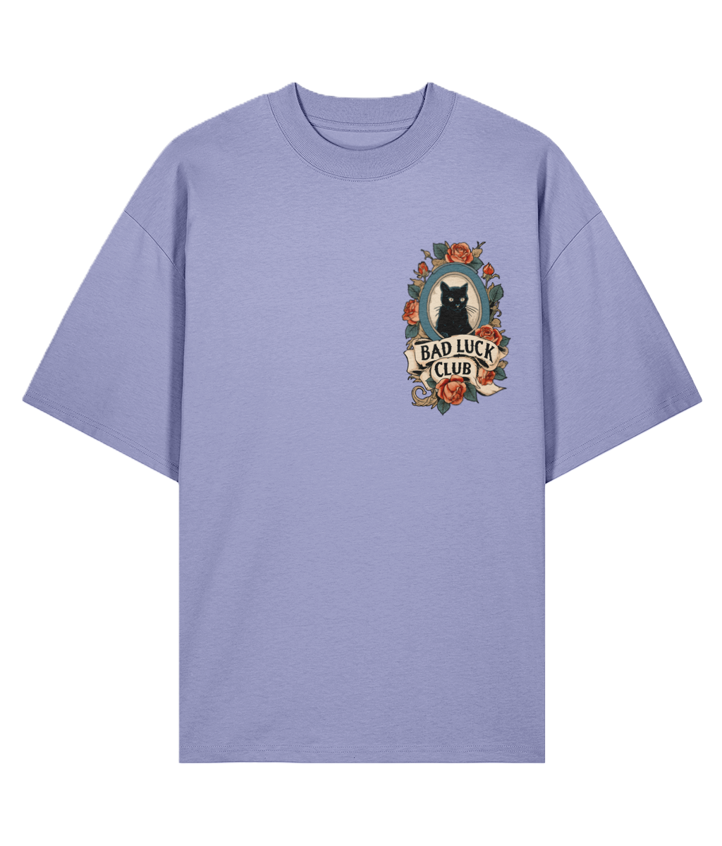 Light purple oversized tattoo t-shirt with a black cat and floral design.