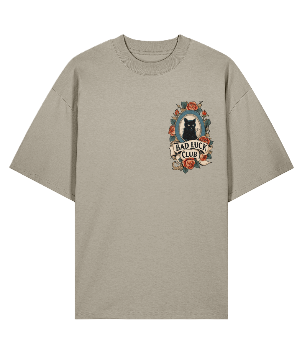 Stone Oversized Tattoo t-shirt with a black cat and floral design