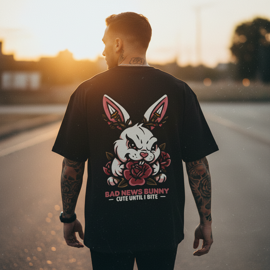 Person wearing a black t-shirt with 'Bad News Bunny' graphic design, standing on a road at sunset.