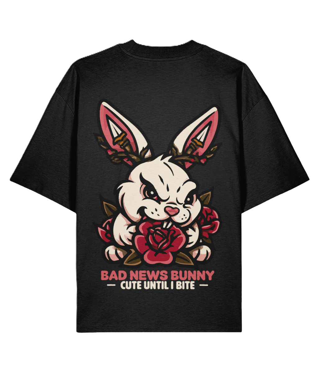 Black t-shirt with a graphic of a bunny holding a rose and text 'Bad News Bunny Cute Until I Bite' on a white background.