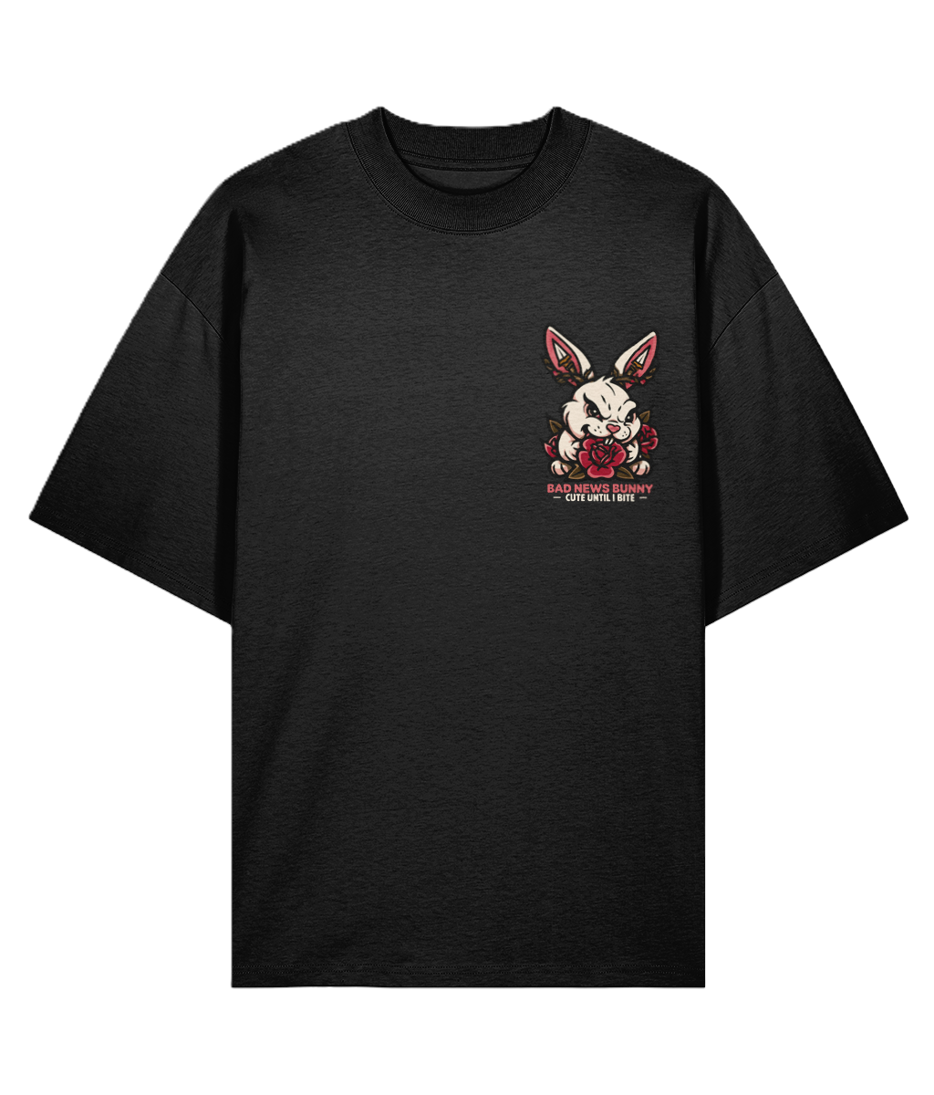 Black t-shirt with a graphic design on a white background