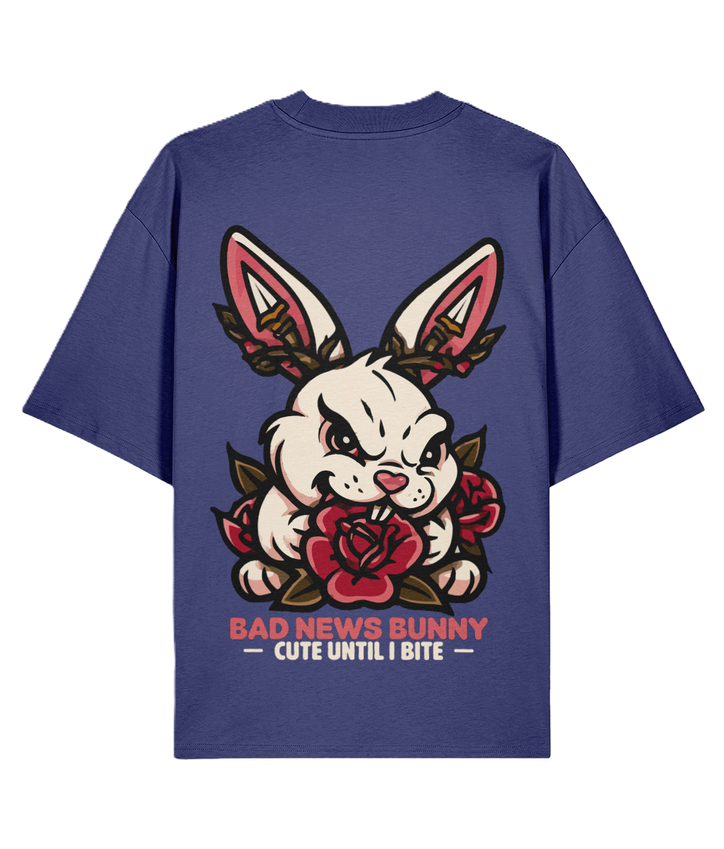 Dusk Blue Bad News Bunny oversized backprint t-shirt organic cotton cute until I bite graphic streetwear