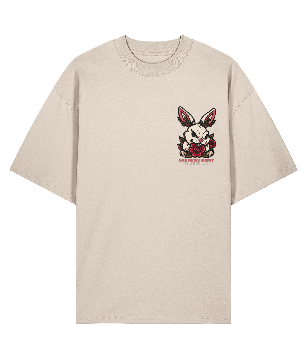 Beige Bad News Bunny oversized backprint t-shirt organic cotton cute until I bite graphic streetwear