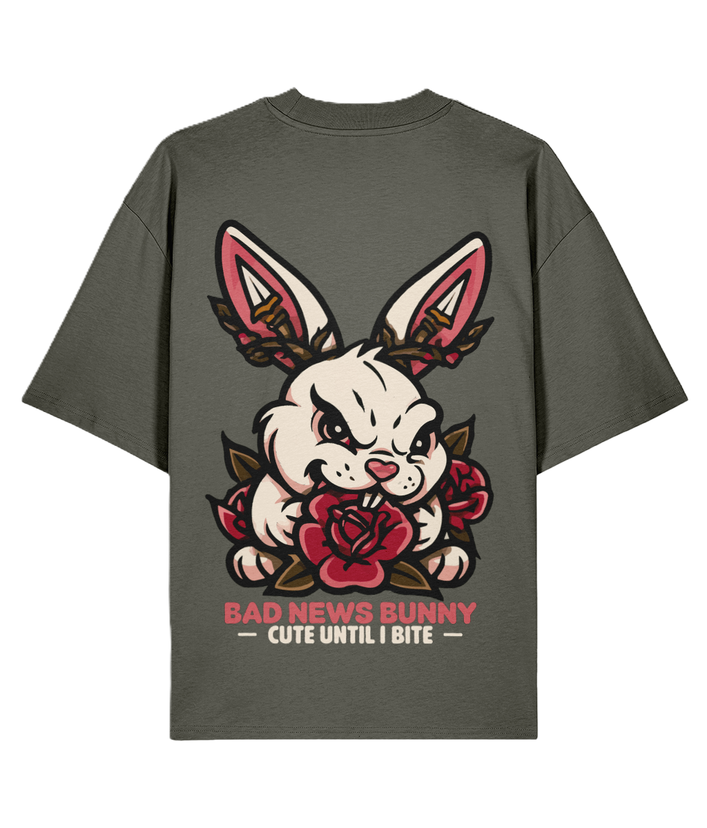 Khaki Bad News Bunny oversized backprint t-shirt organic cotton cute until I bite graphic streetwear.