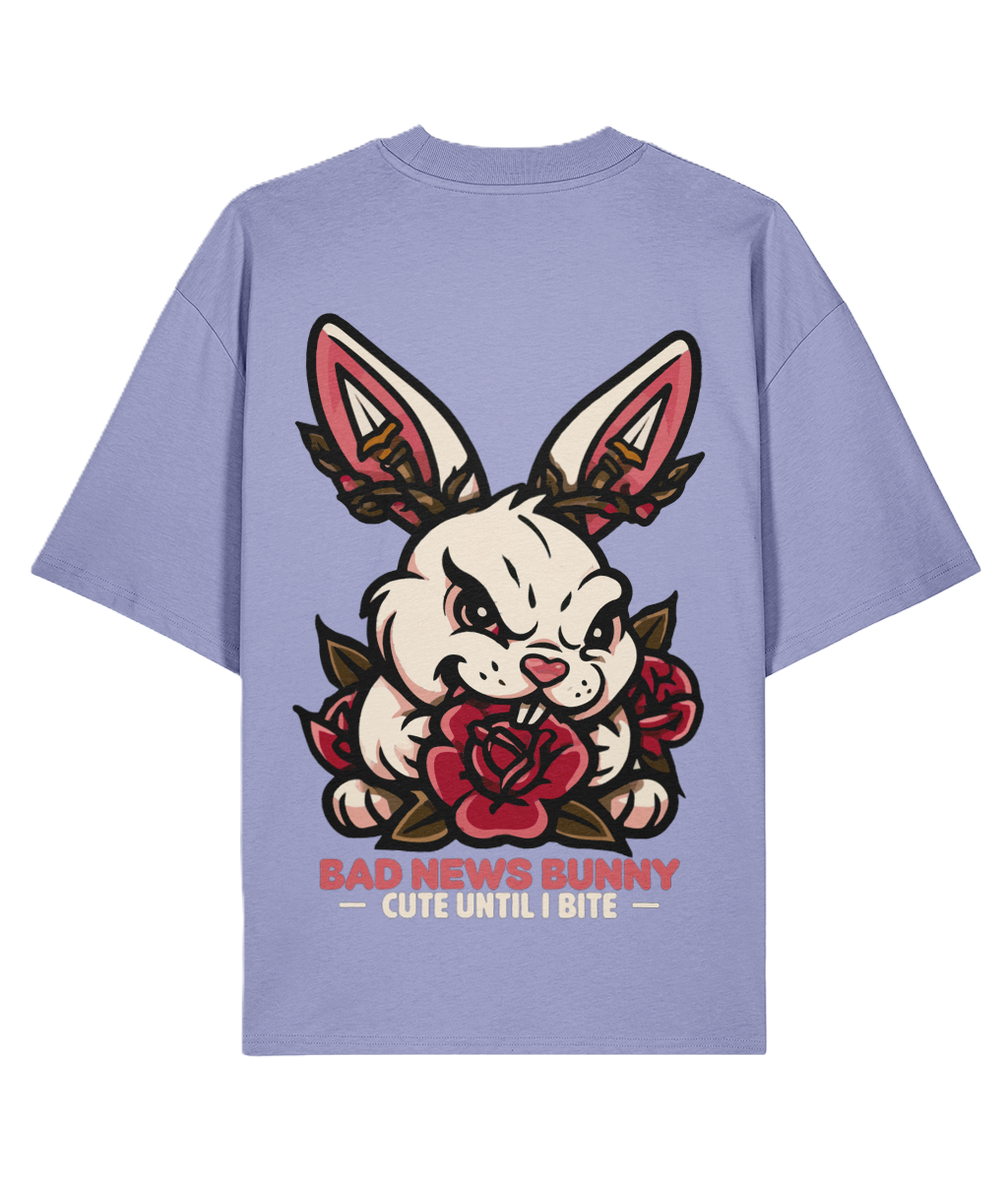 Violet Bad News Bunny oversized backprint t-shirt organic cotton cute until I bite graphic streetwear