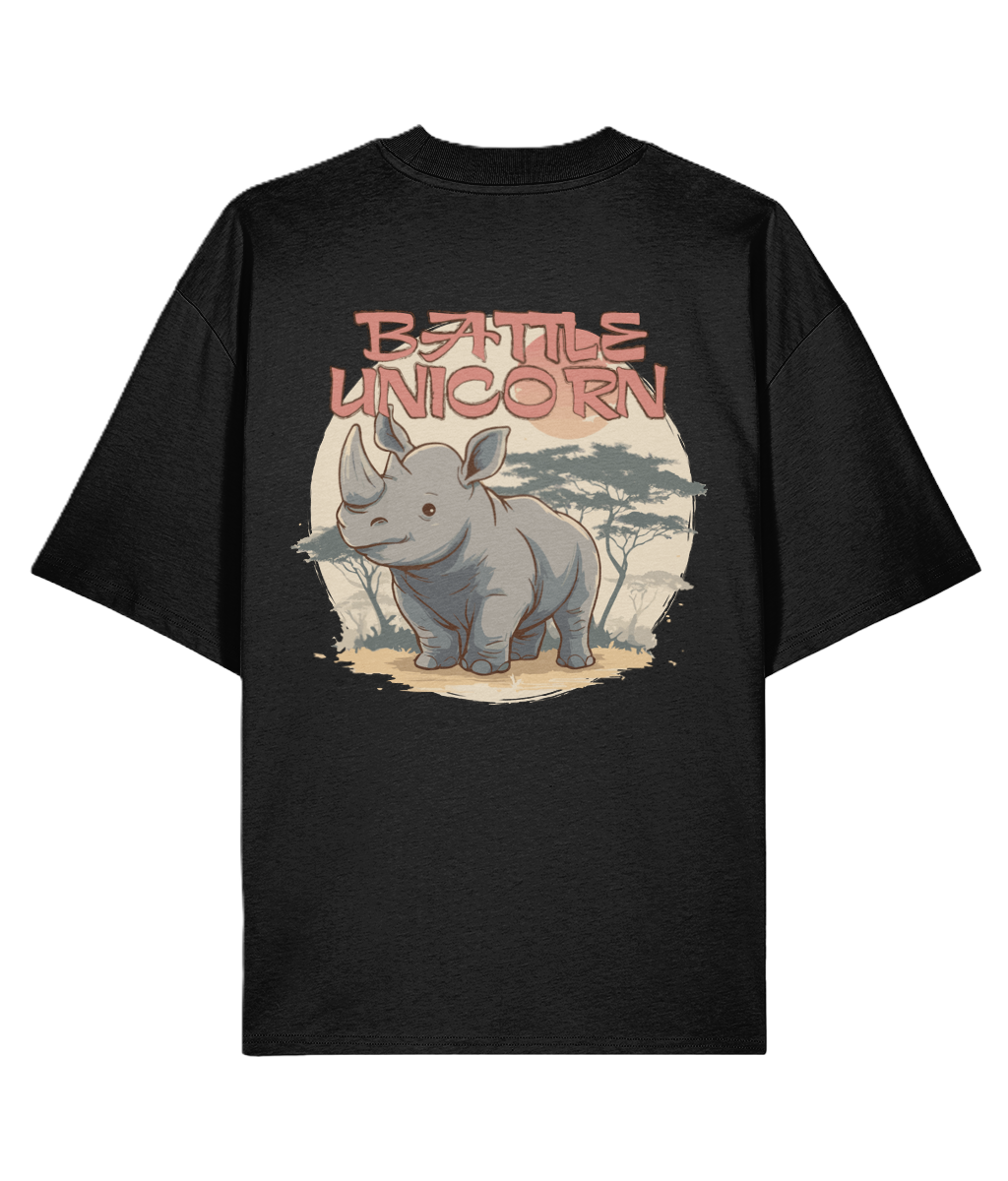 Black over sized back print graphic t-shirt with a rhinoceros graphic and 'Battle Unicorn' slogan