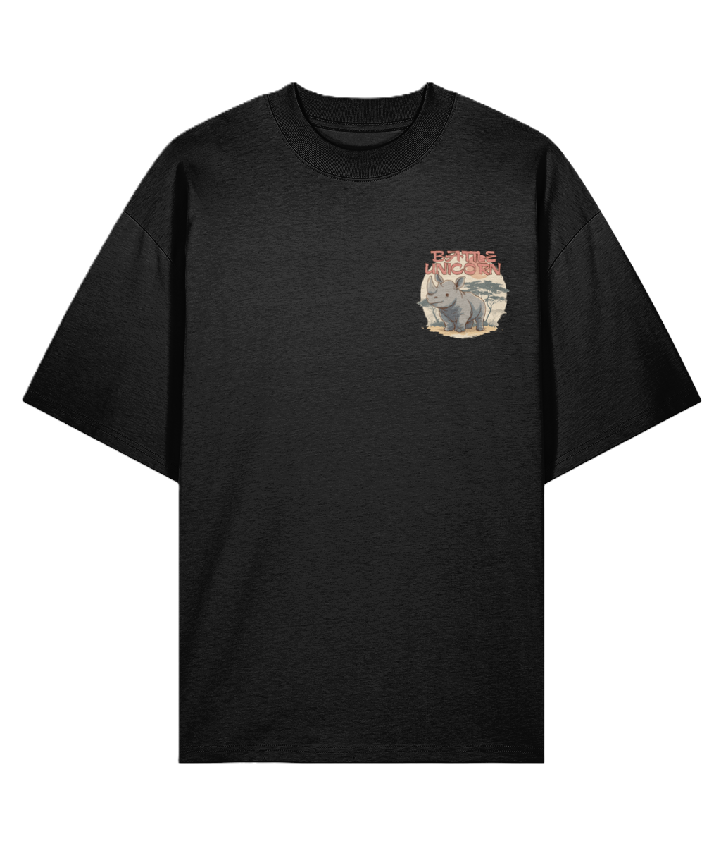 Black oversized graphic t-shirt with a Rhino design on the chest
