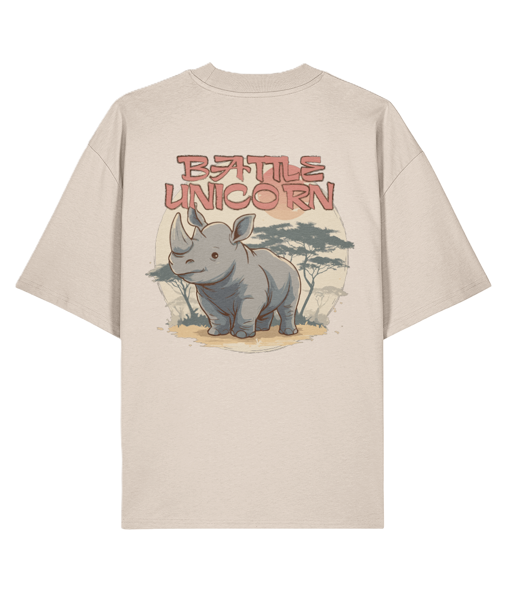 Cream Oversized back print t-shirt with a cute rhino graphic and 'Battle Unicorn' slogan.