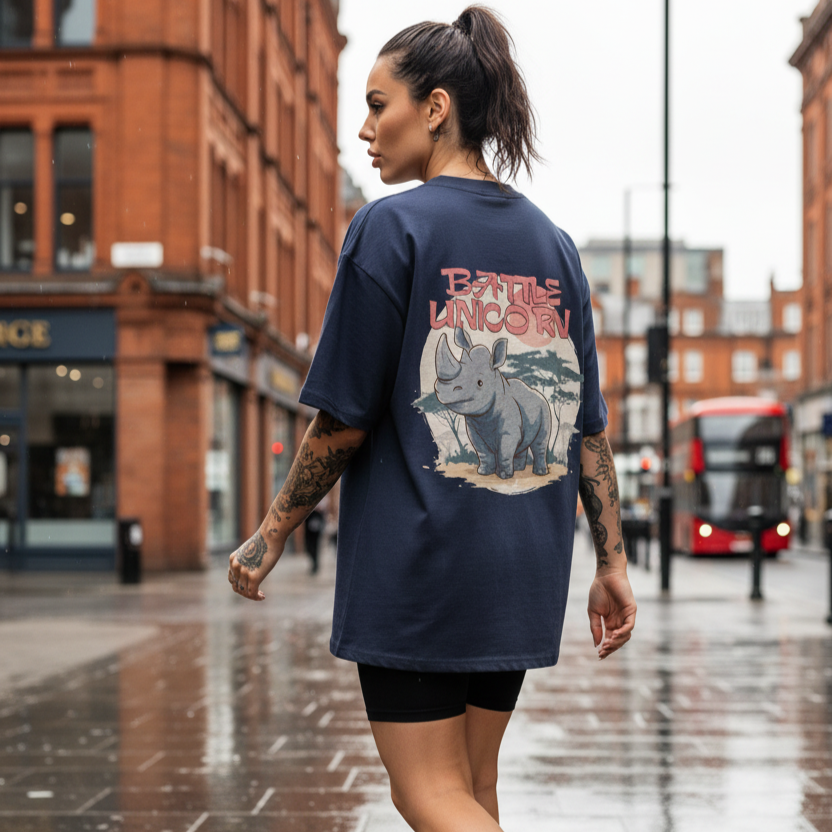 Person wearing a navy blue back print t-shirt with a graphic Rhino design on a city street.