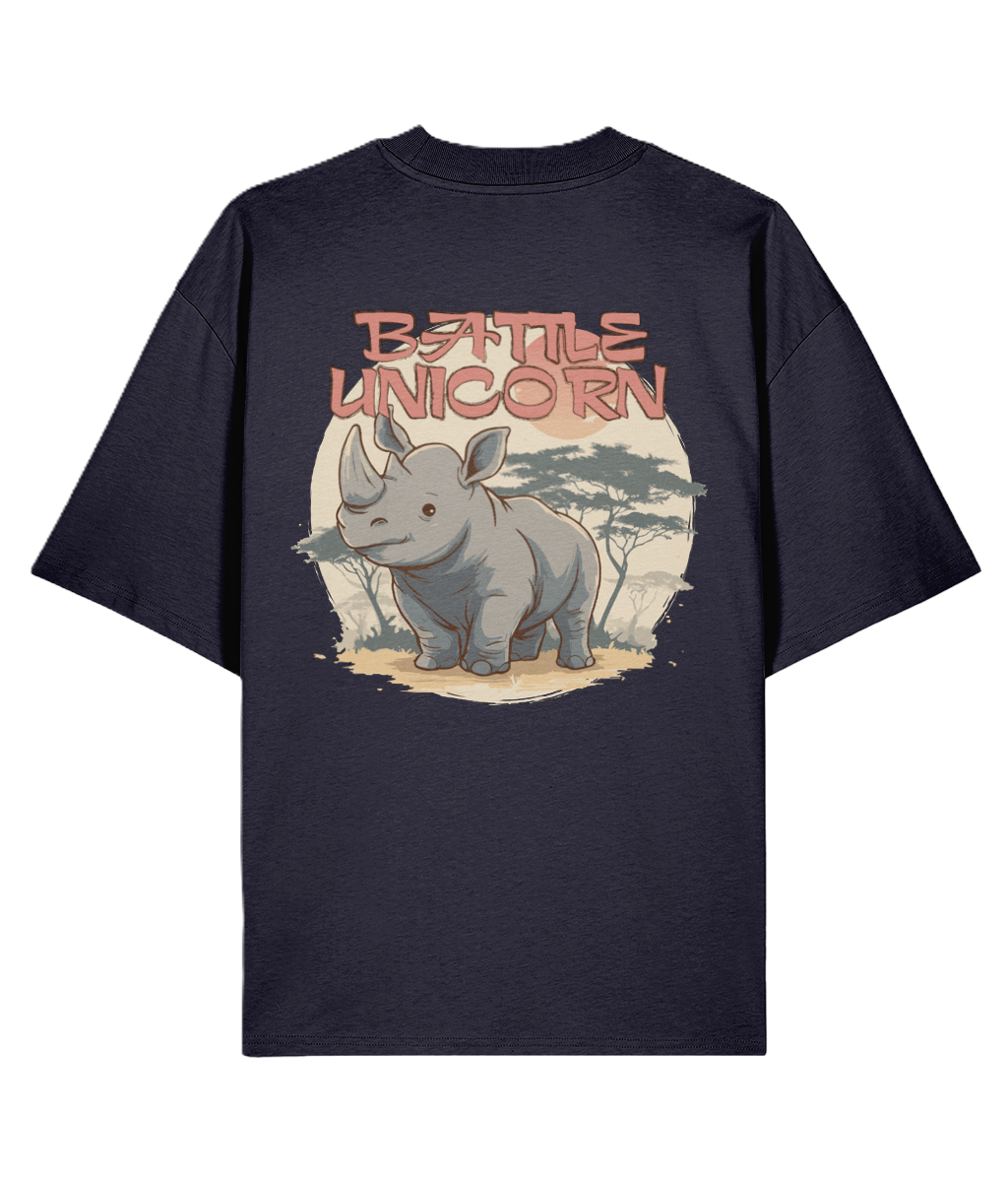 Navy oversized backprint graphic t-shirt with a rhinoceros graphic and 'Battle Unicorn'