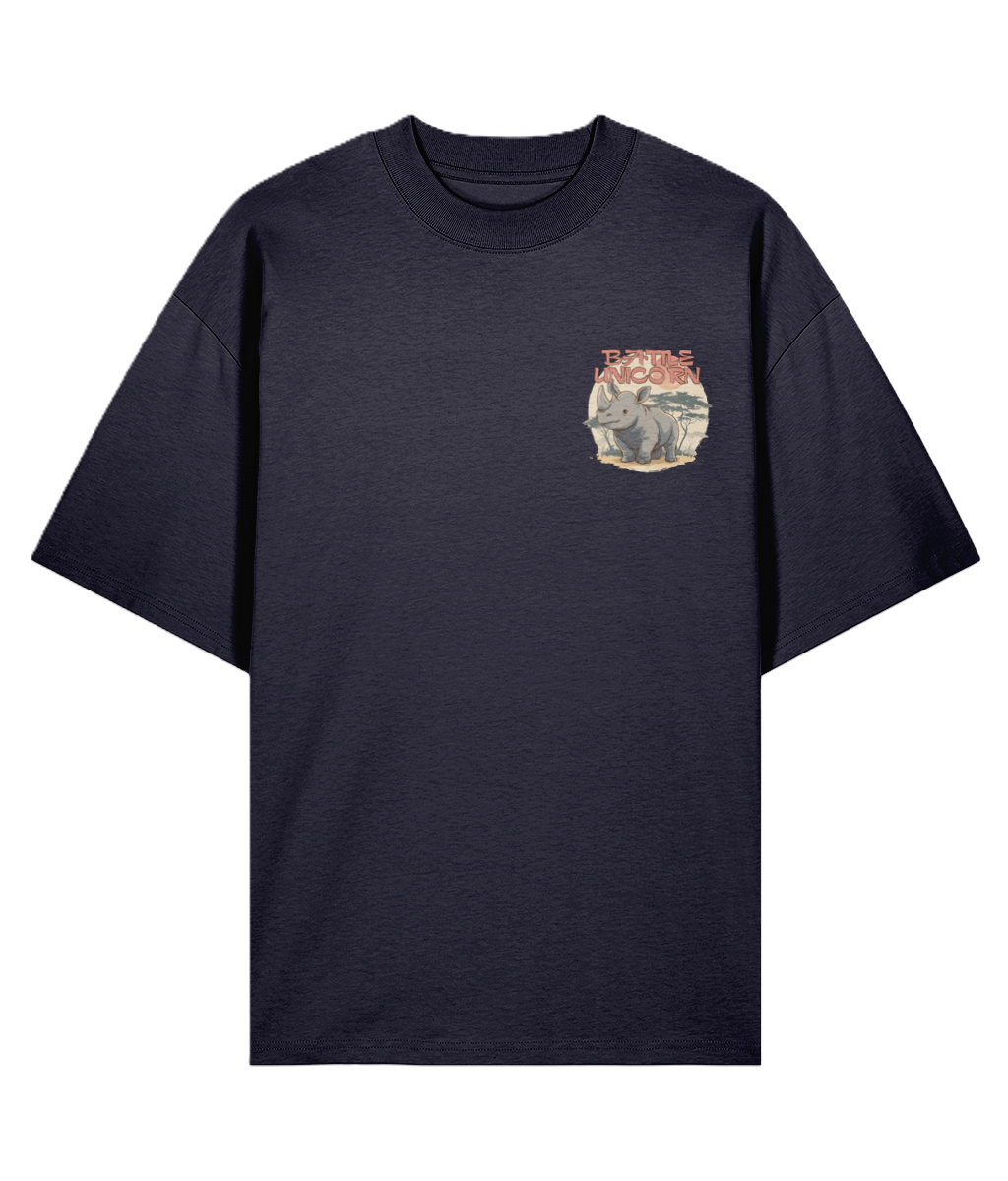 French Navy coloured over sized graphic t-shirt with a rhino graphic on the chest