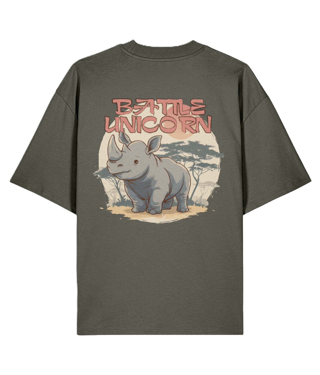 Khaki Oversized Back Print t-shirt with a rhino graphic and funny 'Battle Unicorn' Slogan.